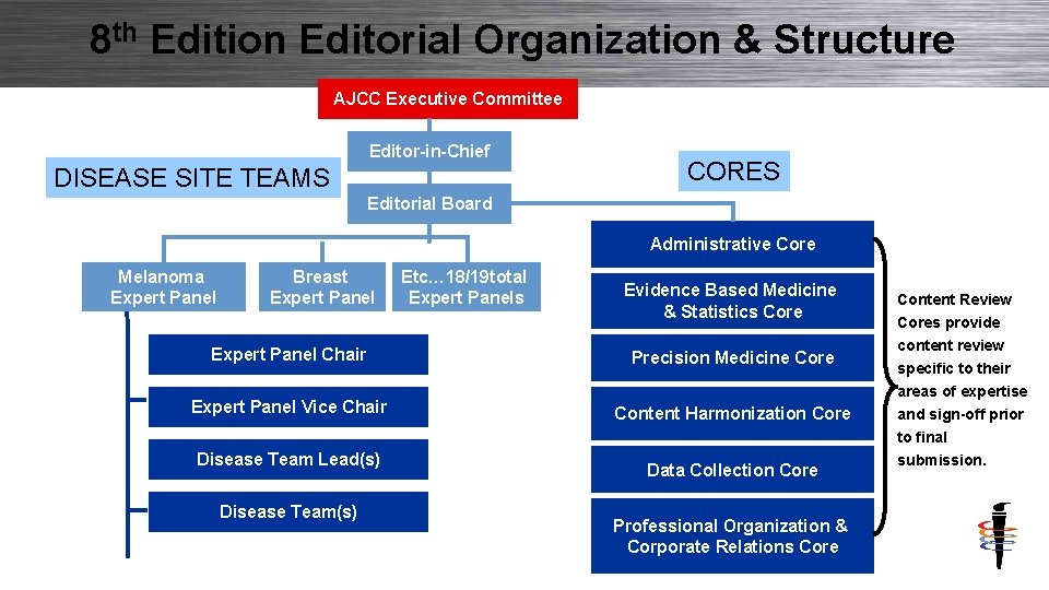 8 th Edition Editorial Organization & Structure AJCC Executive Committee Editor-in-Chief DISEASE SITE TEAMS
