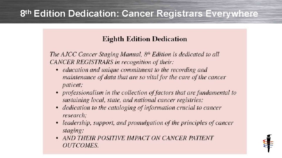 8 th Edition Dedication: Cancer Registrars Everywhere Copyright © 2013 AJCC All Rights Reserved