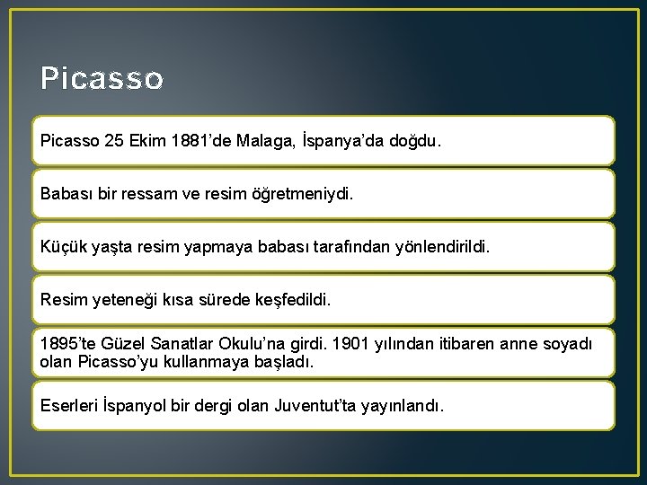 Picasso 25 Ekim 1881’de Malaga, İspanya’da doğdu. Babası bir ressam ve resim öğretmeniydi. Küçük