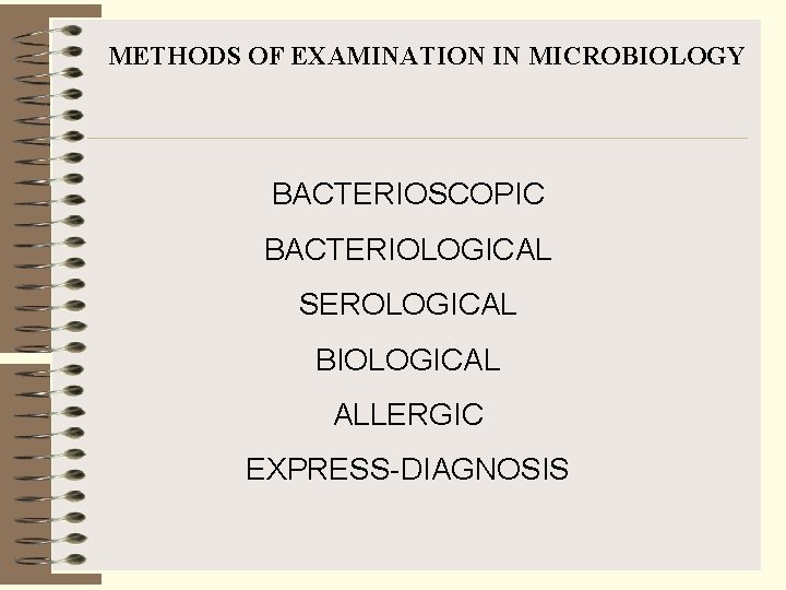 METHODS OF EXAMINATION IN MICROBIOLOGY BACTERIOSCOPIC BACTERIOLOGICAL SEROLOGICAL BIOLOGICAL ALLERGIC EXPRESS-DIAGNOSIS 
