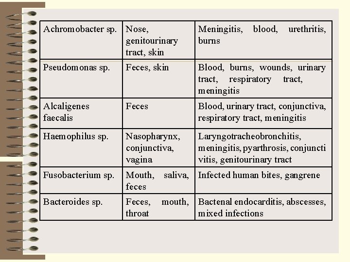 Achromobacter sp. Nose, genitourinary tract, skin Meningitis, burns blood, urethritis, Pseudomonas sp. Feces, skin