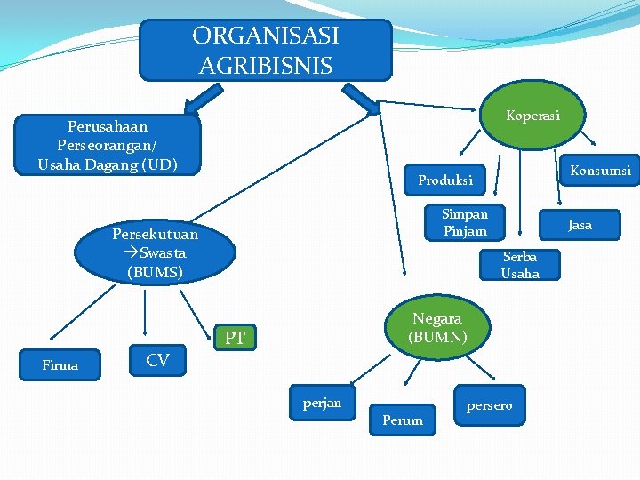 ORGANISASI AGRIBISNIS Koperasi Perusahaan Perseorangan/ Usaha Dagang (UD) Simpan Pinjam Persekutuan Swasta (BUMS) Jasa