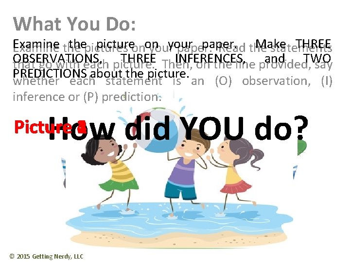 What You Do: Examine thepictures pictureonon paper. Make THREE Examine the your paper. Read