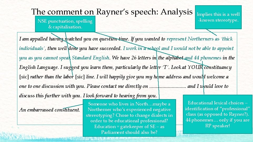 The comment on Rayner’s speech: Analysis NSE punctuation, spelling & capitalisation. Implies this is