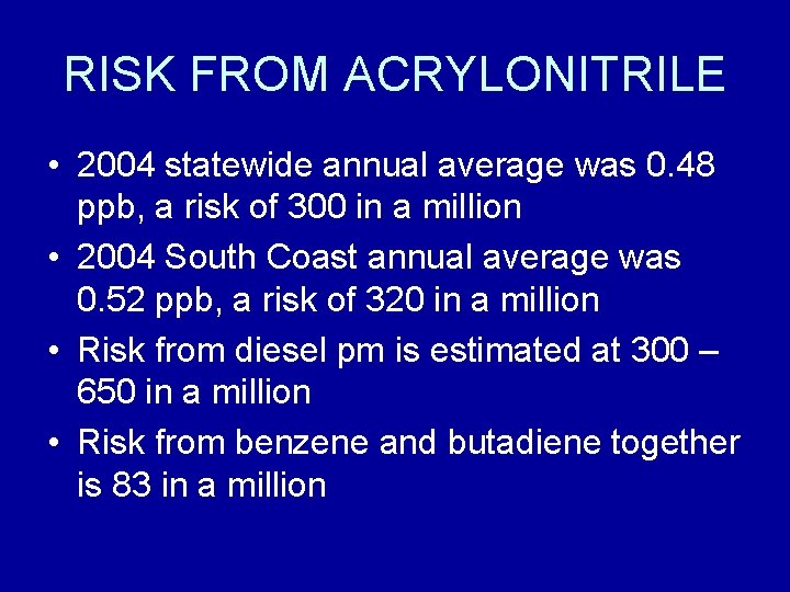 RISK FROM ACRYLONITRILE • 2004 statewide annual average was 0. 48 ppb, a risk