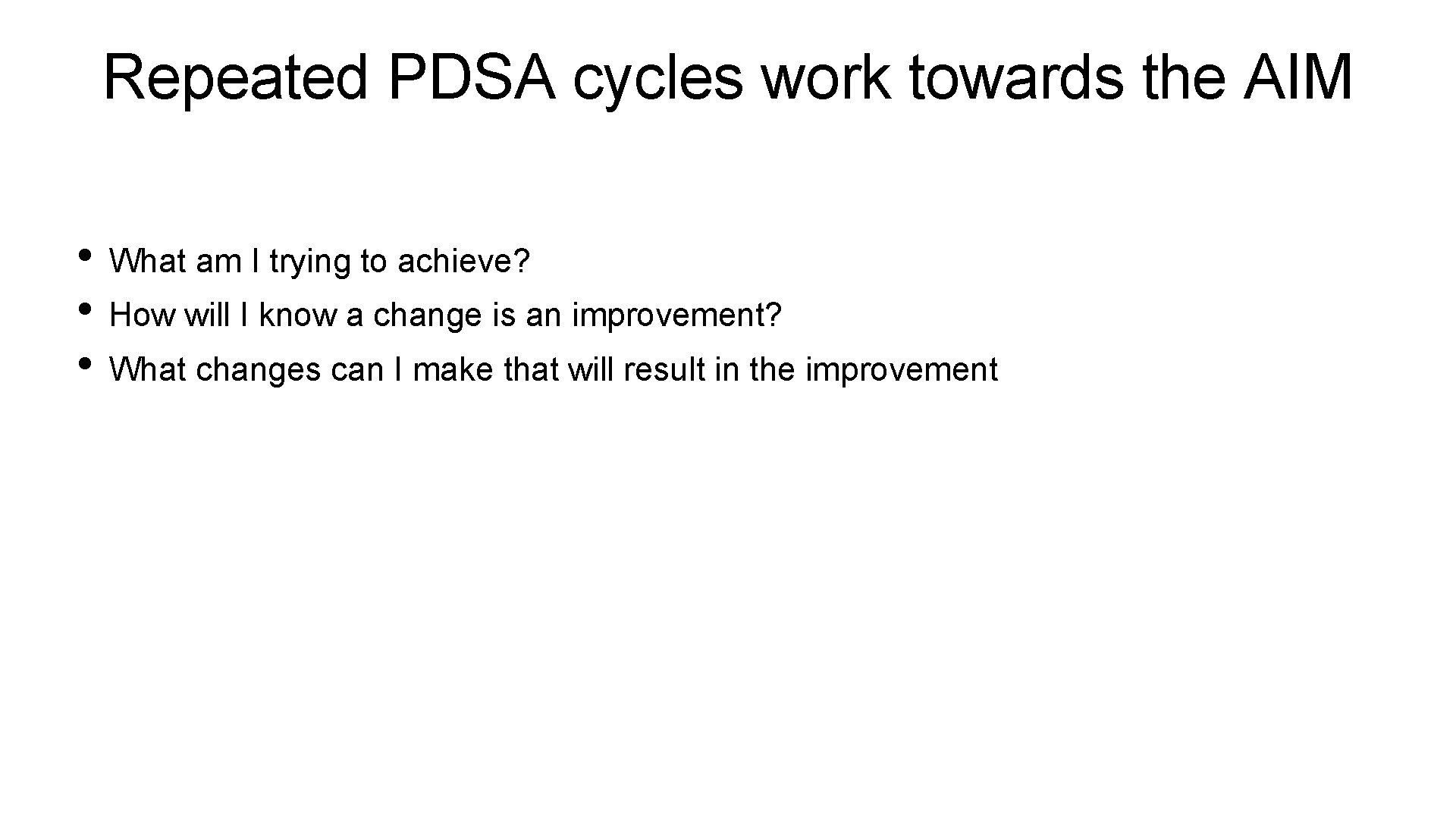 Repeated PDSA cycles work towards the AIM • What am I trying to achieve?