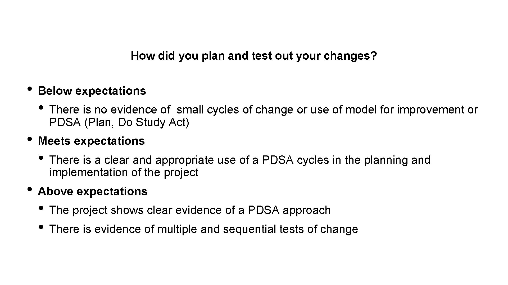 How did you plan and test out your changes? • Below expectations • There