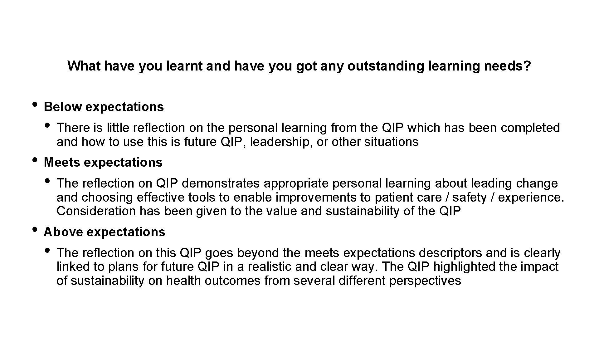 What have you learnt and have you got any outstanding learning needs? • Below