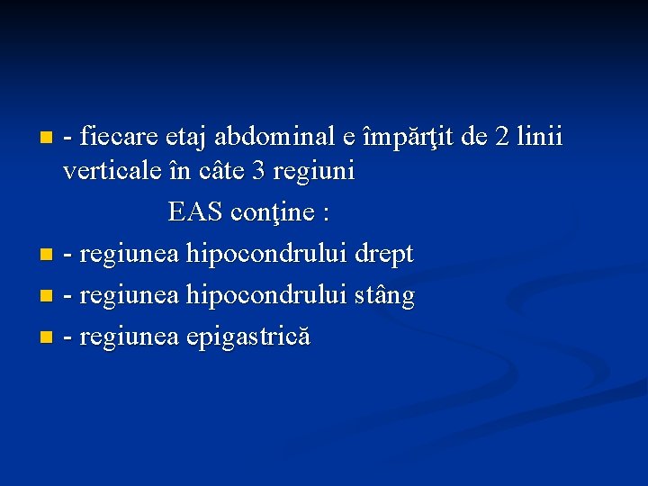 - fiecare etaj abdominal e împărţit de 2 linii verticale în câte 3 regiuni