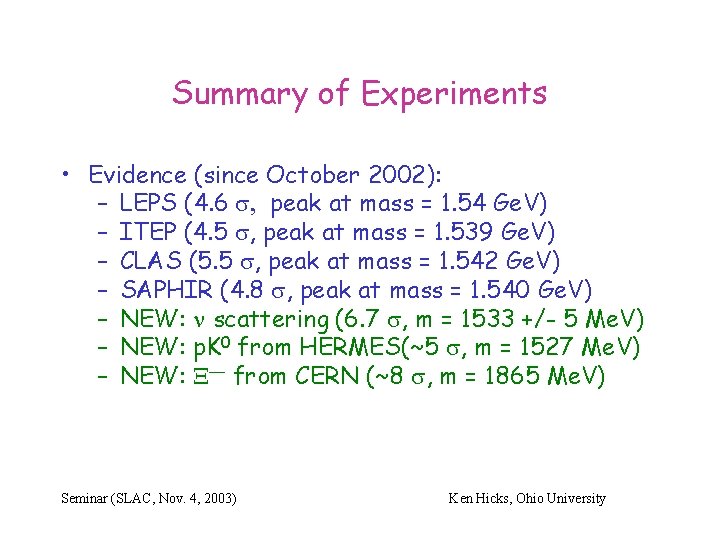 Summary of Experiments • Evidence (since October 2002): – LEPS (4. 6 s, peak