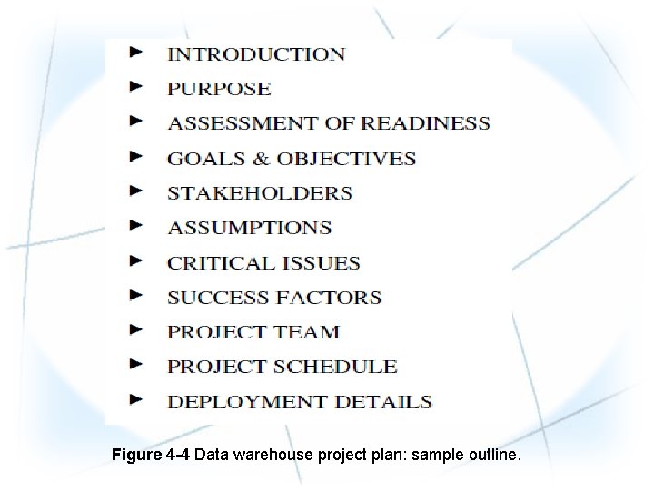 Figure 4 -4 Data warehouse project plan: sample outline. 