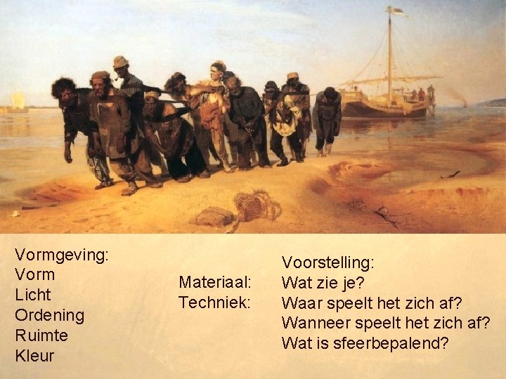 Vormgeving: Vorm Licht Ordening Ruimte Kleur Materiaal: Techniek: Voorstelling: Wat zie je? Waar speelt