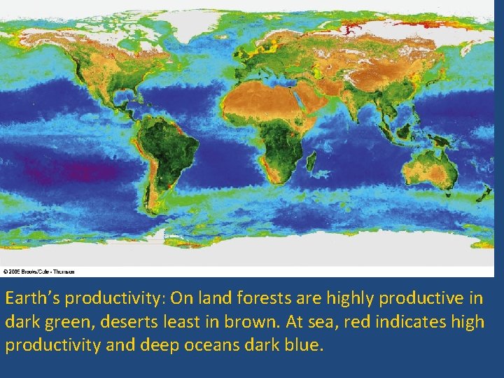 Earth’s productivity: On land forests are highly productive in dark green, deserts least in