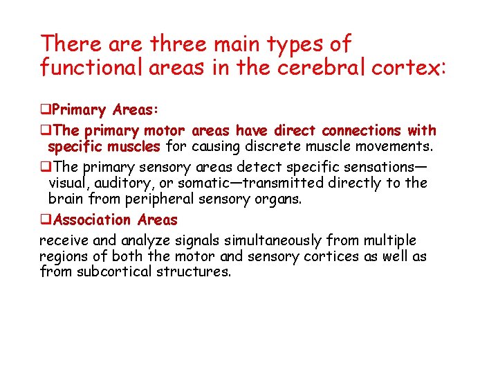 There are three main types of functional areas in the cerebral cortex: q. Primary