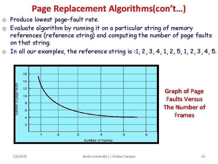 Page Replacement Algorithms(con’t…) o Produce lowest page-fault rate. o Evaluate algorithm by running it