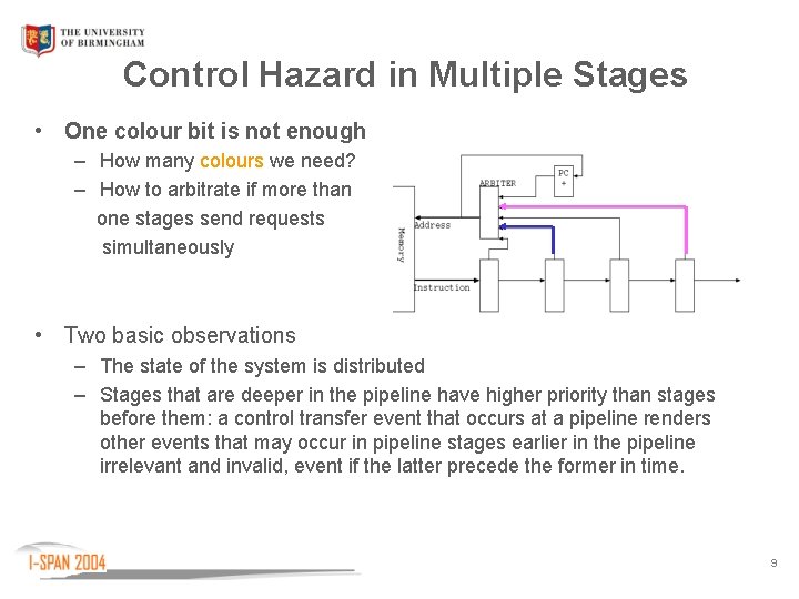 Control Hazard in Multiple Stages • One colour bit is not enough – How