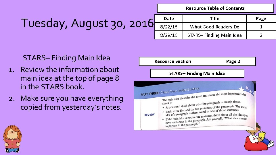 Resource Table of Contents Tuesday, August 30, 2016 STARS– Finding Main Idea 1. Review