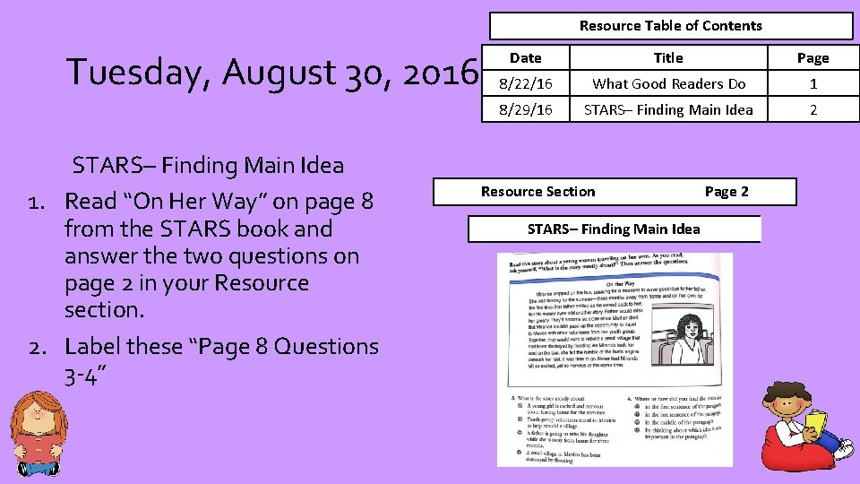 Resource Table of Contents Tuesday, August 30, 2016 STARS– Finding Main Idea 1. Read