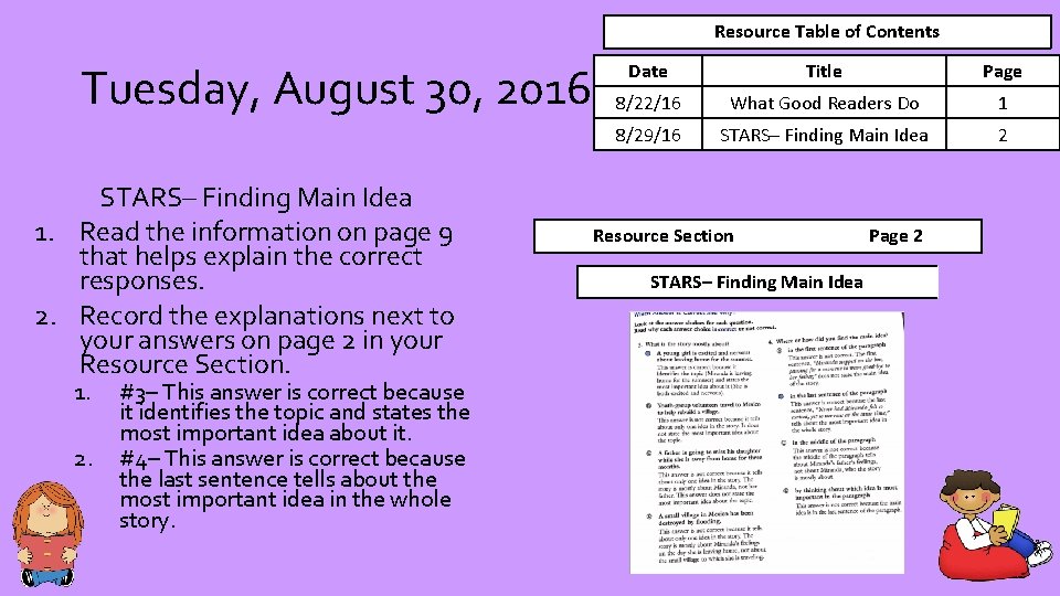 Resource Table of Contents Tuesday, August 30, 2016 STARS– Finding Main Idea 1. Read