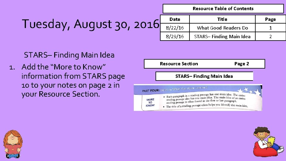 Resource Table of Contents Tuesday, August 30, 2016 STARS– Finding Main Idea 1. Add