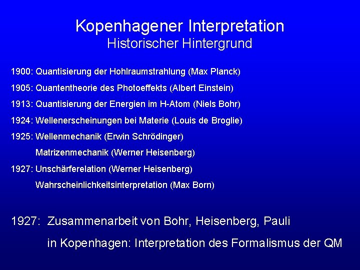 Kopenhagener Interpretation Historischer Hintergrund 1900: Quantisierung der Hohlraumstrahlung (Max Planck) 1905: Quantentheorie des Photoeffekts