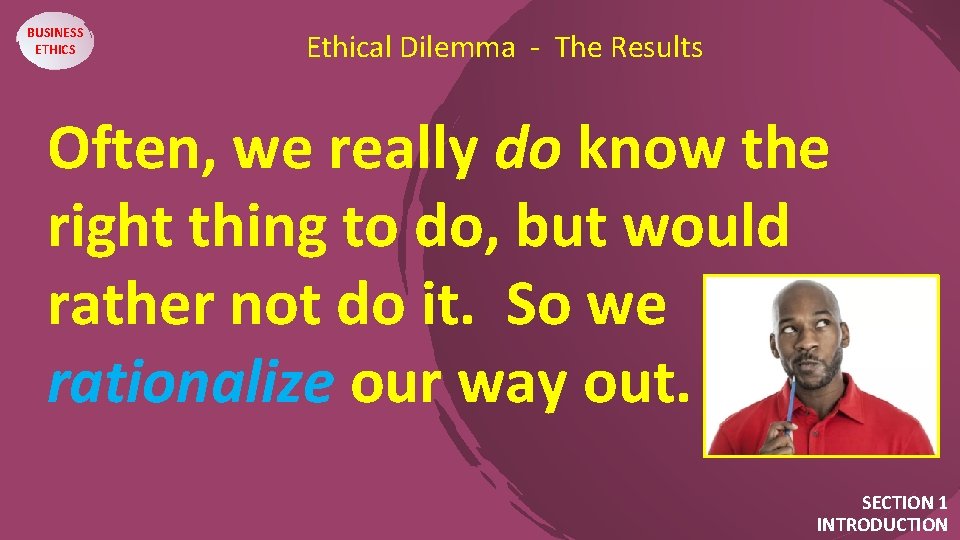 BUSINESS ETHICS Ethical Dilemma - The Results Often, we really do know the right