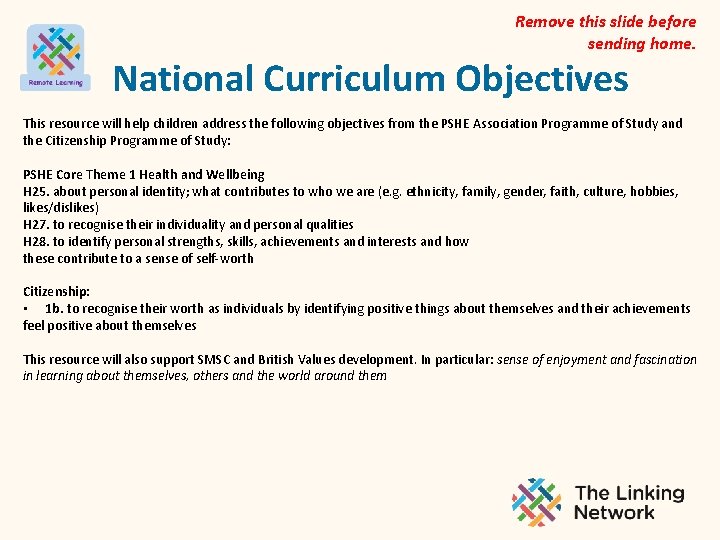 Remove this slide before sending home. National Curriculum Objectives This resource will help children