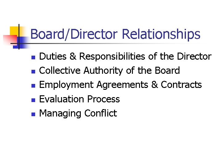 Board/Director Relationships n n n Duties & Responsibilities of the Director Collective Authority of