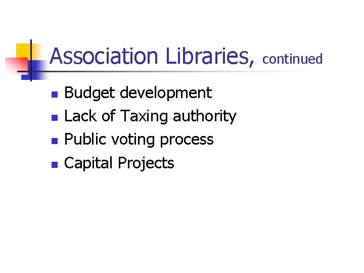 Association Libraries, n n Budget development Lack of Taxing authority Public voting process Capital