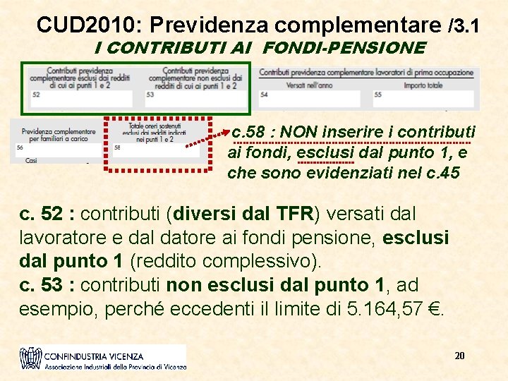 CUD 2010: Previdenza complementare /3. 1 I CONTRIBUTI AI FONDI-PENSIONE c. 58 : NON