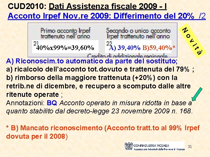 CUD 2010: Dati Assistenza fiscale 2009 - I Acconto Irpef Nov. re 2009: Differimento