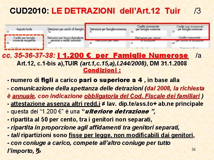 CUD 2010: LE DETRAZIONI dell’Art. 12 Tuir /3 cc. 35 -36 -37 -38: 35