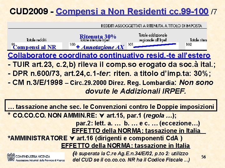 CUD 2009 - Compensi a Non Residenti cc. 99 -100 /7 Ritenuta 30% Compensi