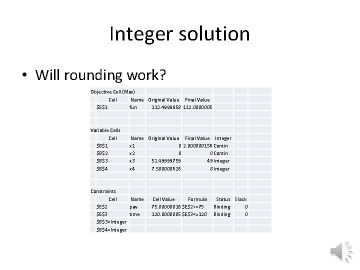 Integer solution • Will rounding work? Objective Cell (Max) Cell Name Original Value Final Integer solution • Will rounding work? Objective Cell (Max) Cell Name Original Value Final