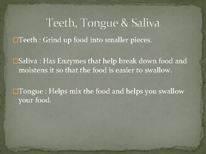 Teeth, Tongue & Saliva �Teeth : Grind up food into smaller pieces. �Saliva :