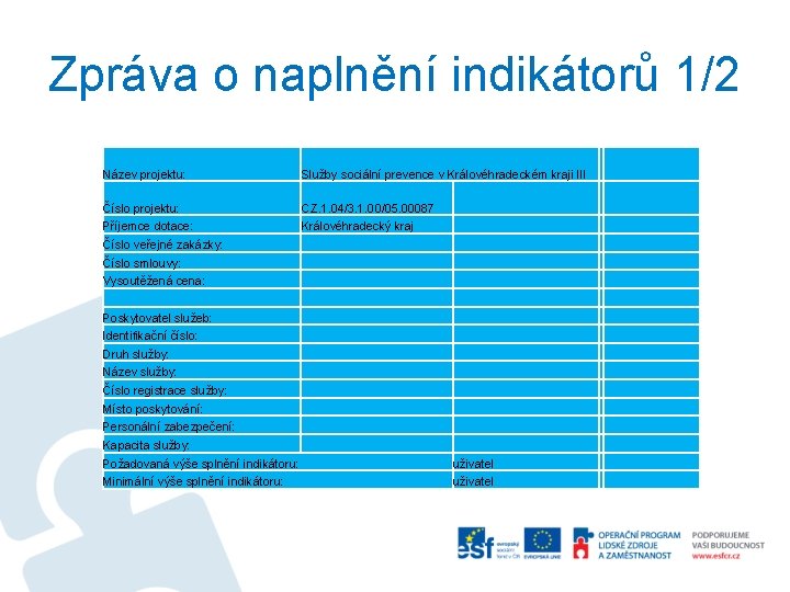 Zpráva o naplnění indikátorů 1/2 Název projektu: Služby sociální prevence v Královéhradeckém kraji III