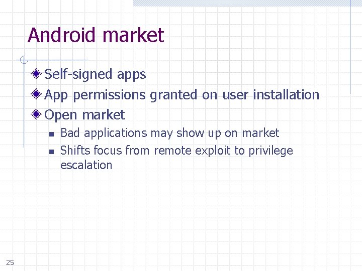 Android market Self-signed apps App permissions granted on user installation Open market n n