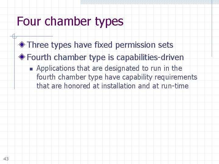 Four chamber types Three types have fixed permission sets Fourth chamber type is capabilities-driven