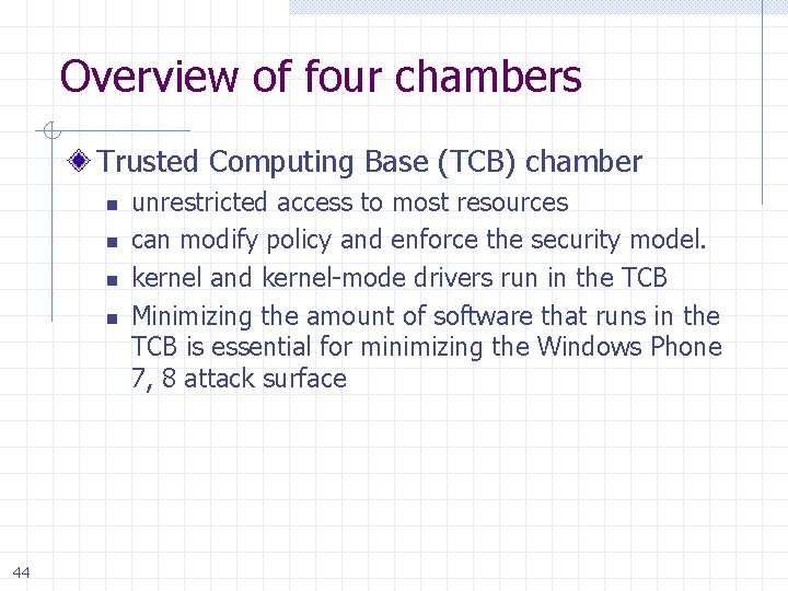 Overview of four chambers Trusted Computing Base (TCB) chamber n n 44 unrestricted access