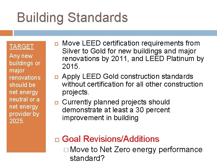 Building Standards TARGET Any new buildings or major renovations should be net energy neutral