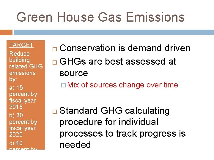 Green House Gas Emissions TARGET Reduce building related GHG emissions by: a) 15 percent