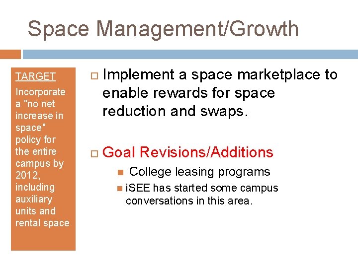 Space Management/Growth TARGET Incorporate a "no net increase in space" policy for the entire