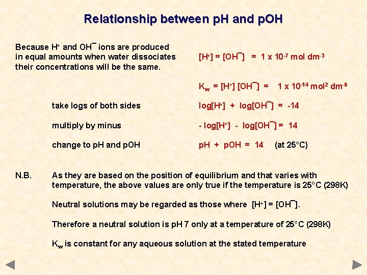 Relationship between p. H and p. OH Because H+ and OH¯ ions are produced