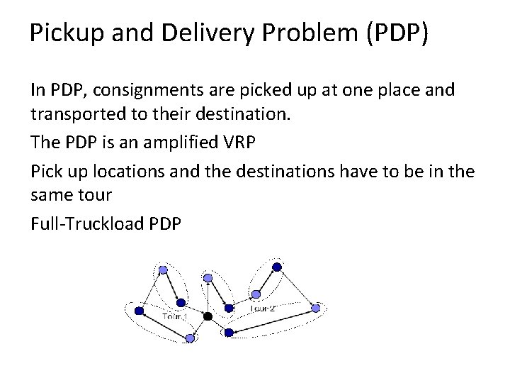 Pickup and Delivery Problem (PDP) In PDP, consignments are picked up at one place