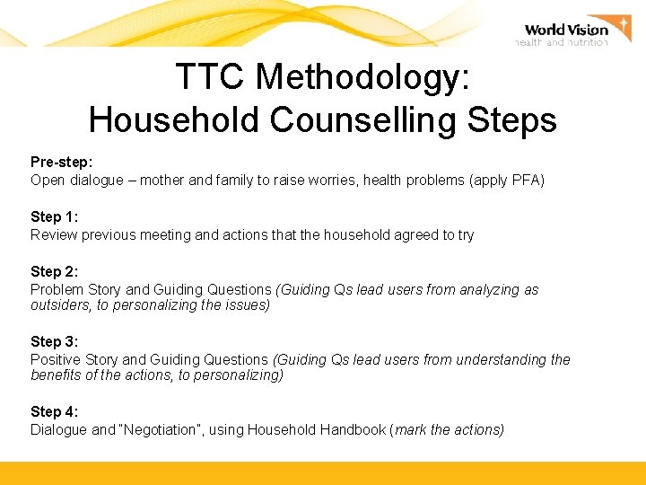 TTC Methodology: Household Counselling Steps Pre-step: Open dialogue – mother and family to raise