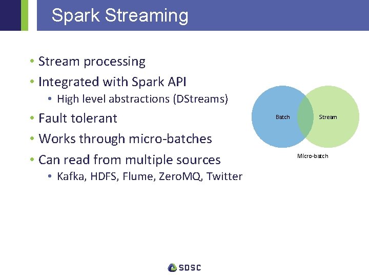 Spark Streaming • Stream processing • Integrated with Spark API • High level abstractions