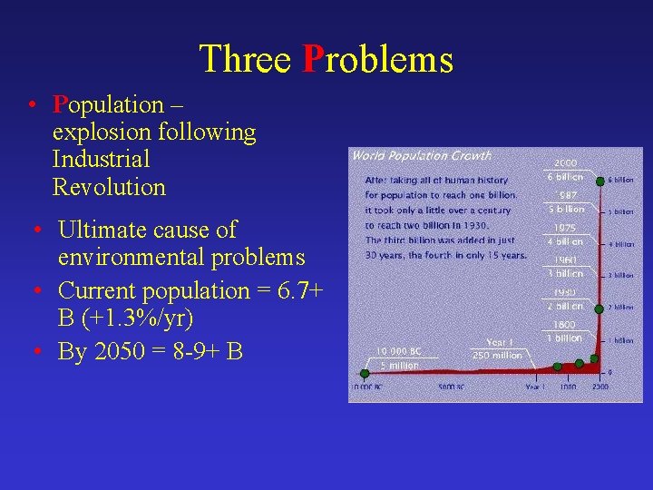 Three Problems • Population – explosion following Industrial Revolution • Ultimate cause of environmental