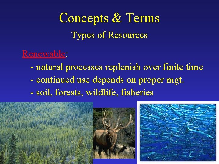 Concepts & Terms Types of Resources Renewable: - natural processes replenish over finite time