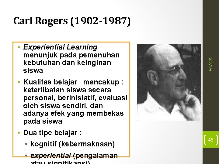  • Experiential Learning menunjuk pada pemenuhan kebutuhan dan keinginan siswa 6/5/2021 Carl Rogers