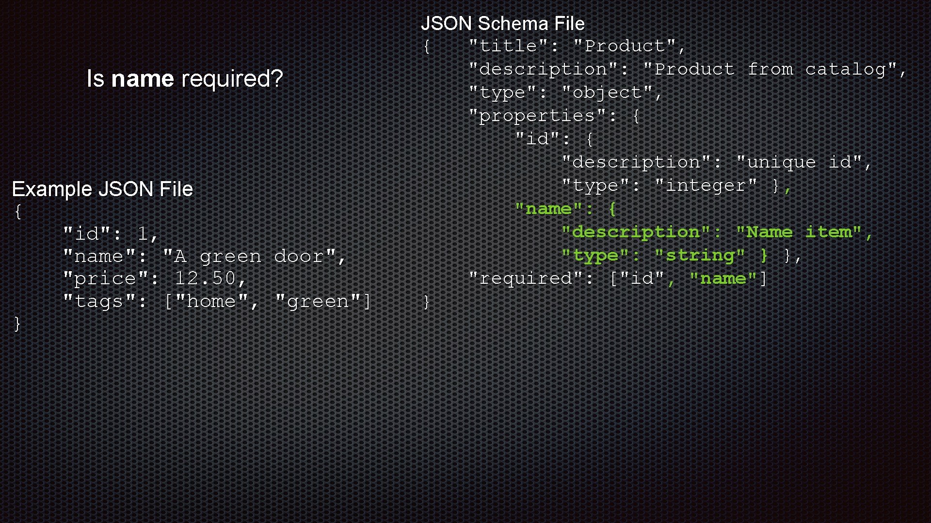 Is name required? Example JSON File { "id": 1, "name": "A green door", "price":